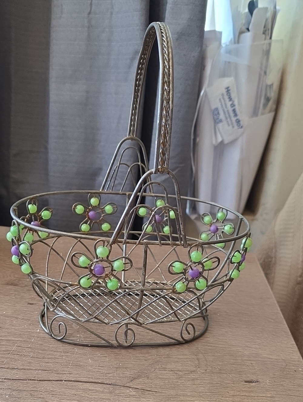 Decorative Floral Wire Basket with Green & Purple Accents